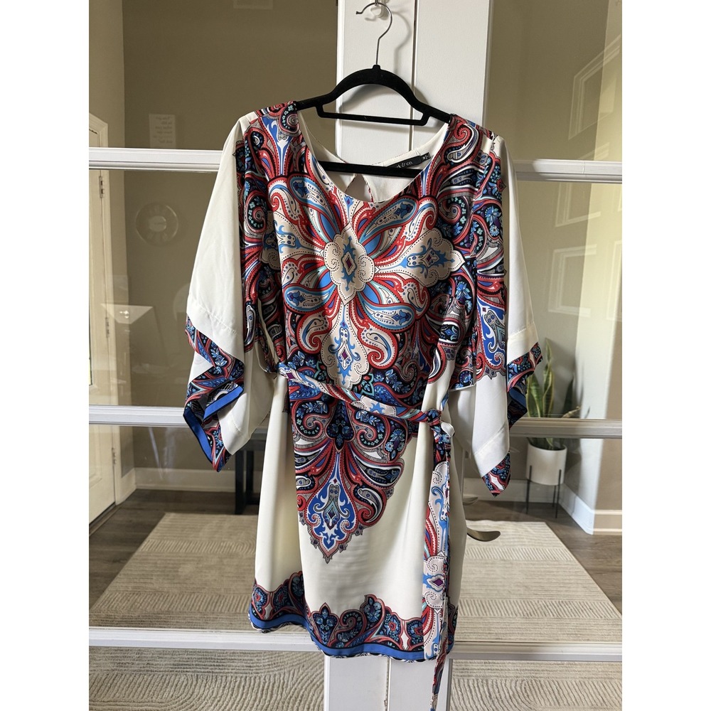Ark & Co Womens Paisley Kimono Sleeve Mini Dress Cream Red Blue Medallion M